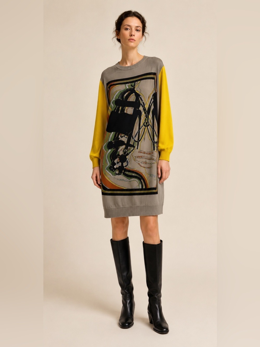 Hermès Twillaine Equestrian Knit Dress Yellow Taupe Size 36